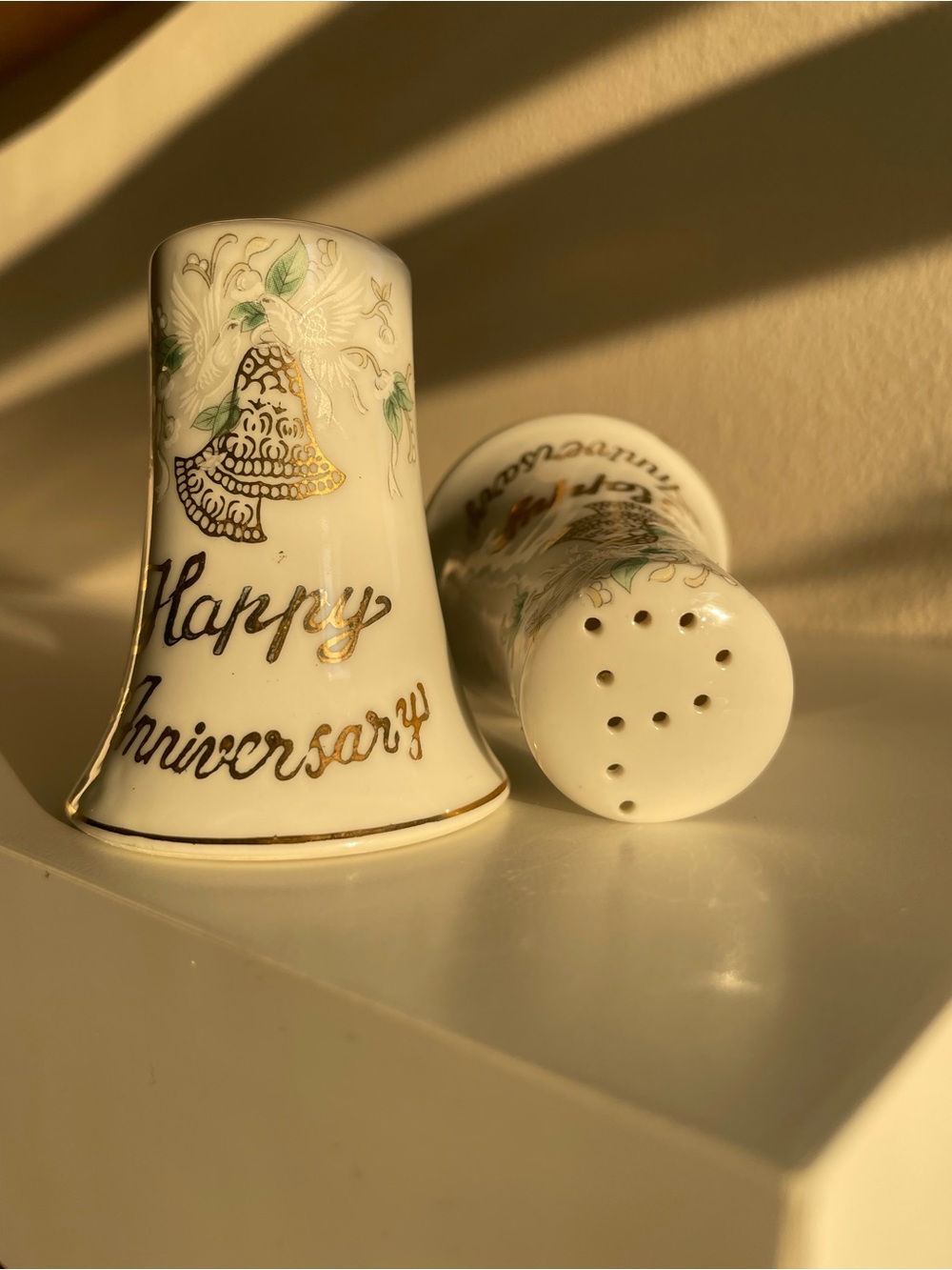 Lefton White and Gold "Happy Anniversary" Porcelain Bell Salt & Pepper Shakers